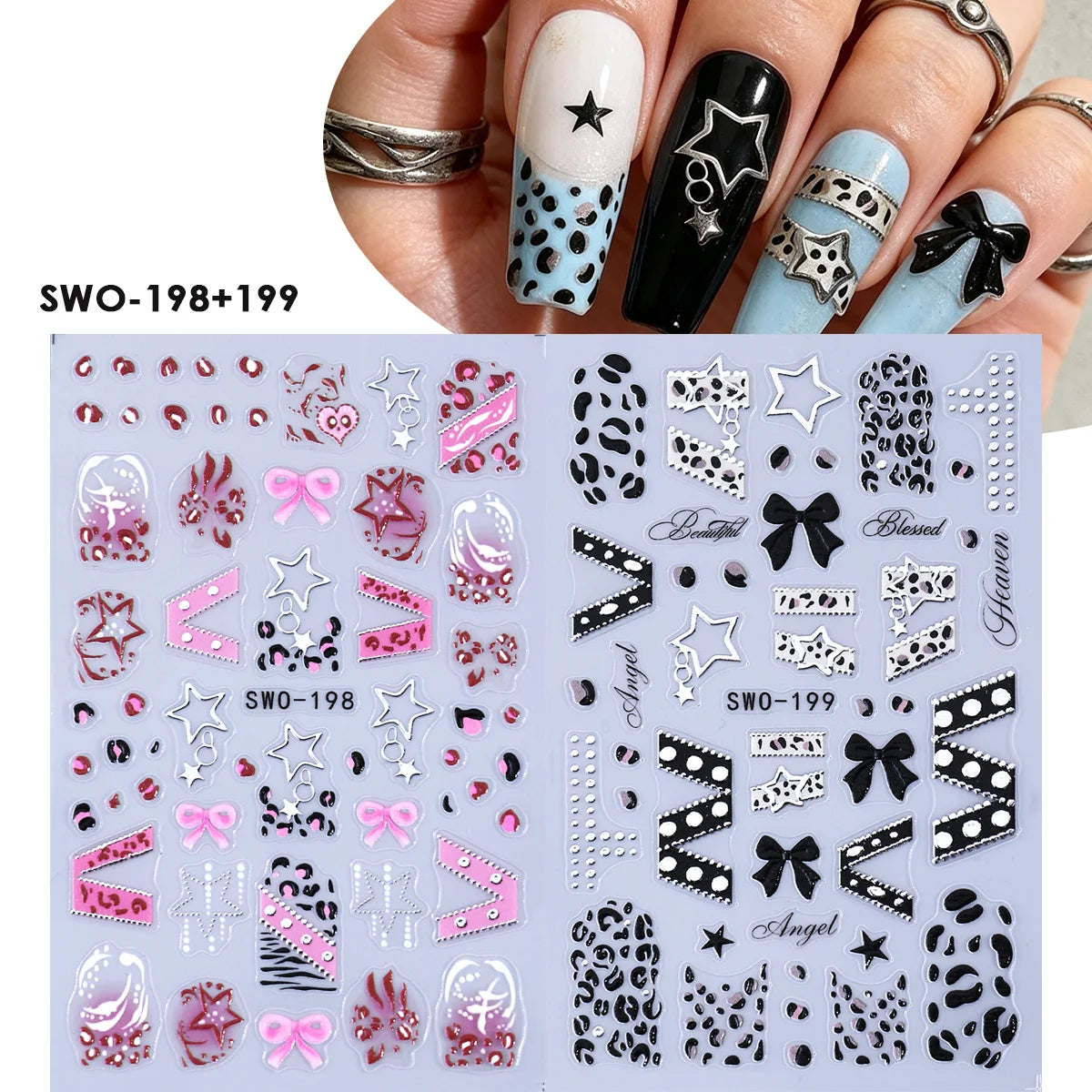 Y2K 3D Matte Nail Decals – Star Leopard Bow Belt Stickers 2pcs Nail Art Decals PLUSH SWO-198 199