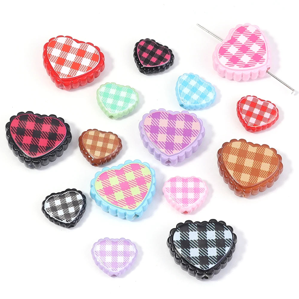 6pcs Chess Grid Heart Acrylic Beads – Colorful DIY Jewelry Acrylic Spacer Beads PLUSH