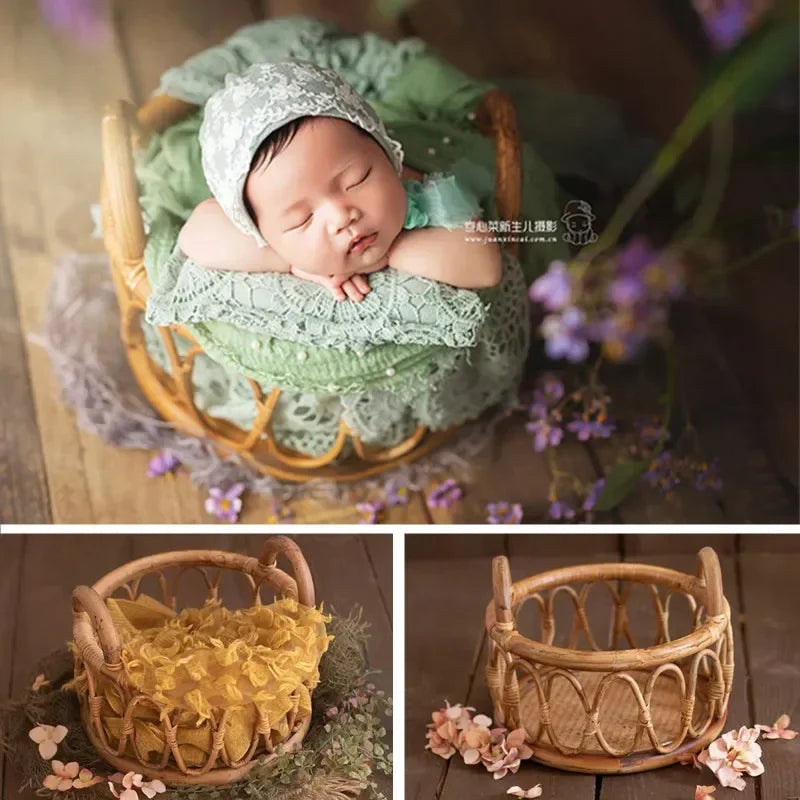 Newborn Photography Basket Prop – Round Hand-Woven Vine Poser Newborn Photography Prop PLUSH