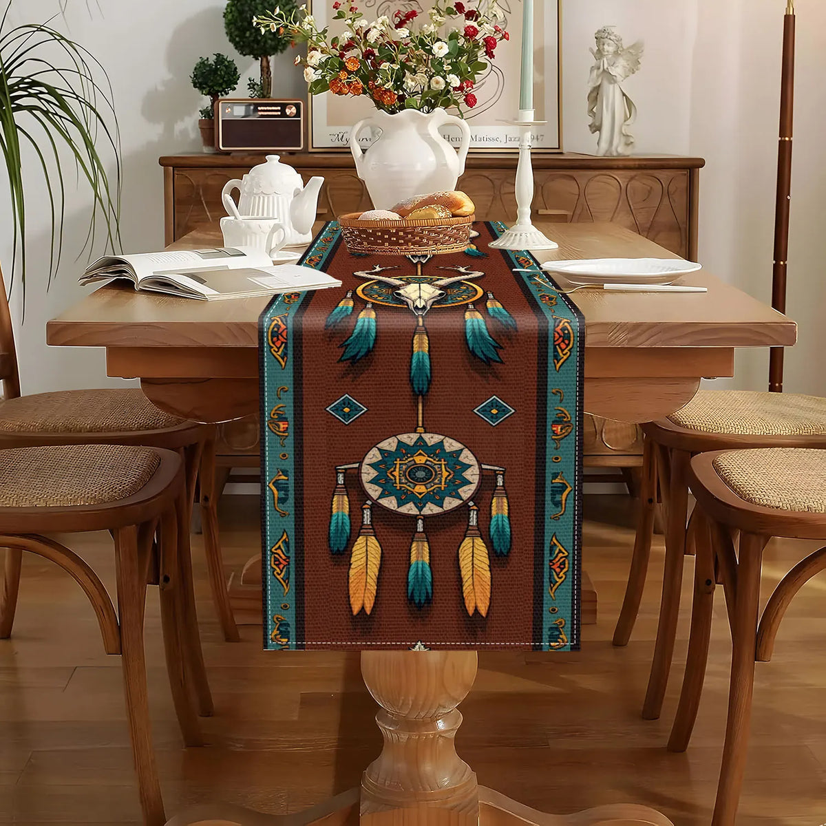 Tribal Print Table Runner – Dream Catchers, Skulls & Feathers Decorative Table Runner PLUSH