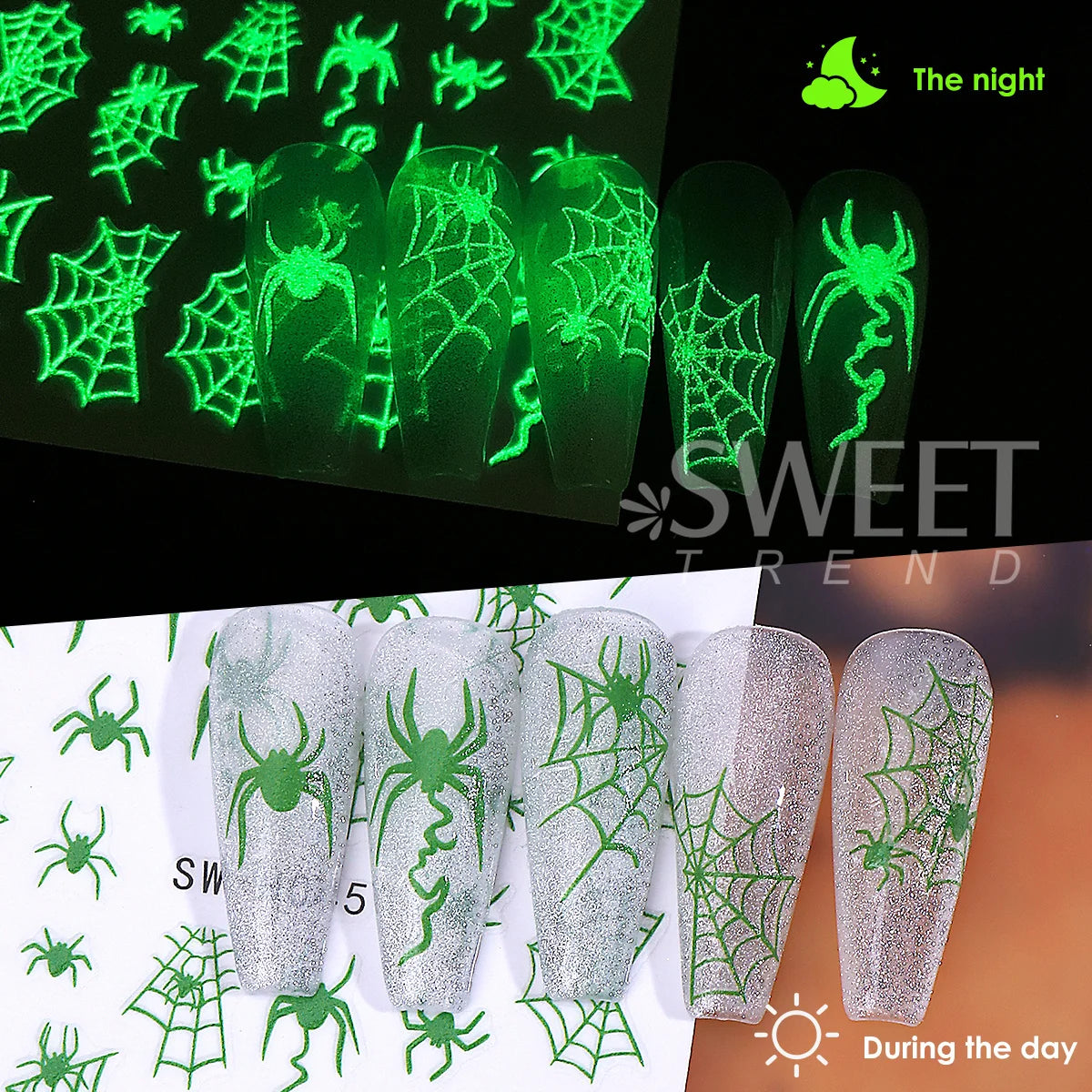 Glow in the Dark Halloween Nail Stickers – Skull & Spider 3-Pack Nail Art Stickers PLUSH