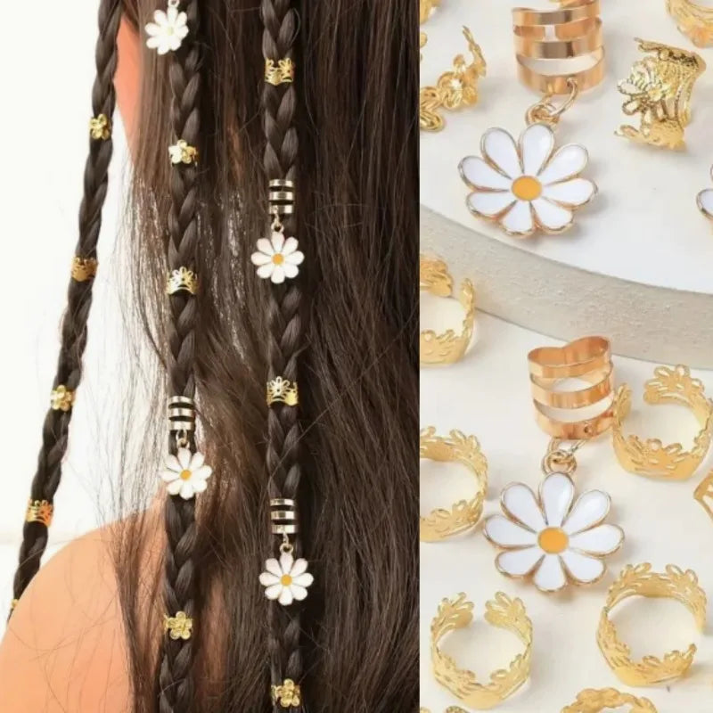 45pcs Daisy Dreadlock Braid Hair Rings – Boho Loc Jewelry Braid Hair Rings PLUSH Gold 45Pcs