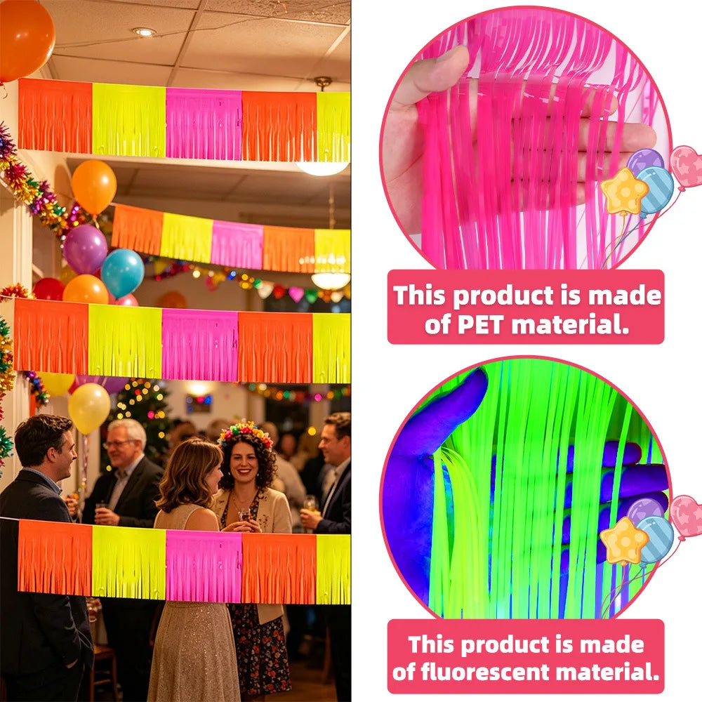 Neon Glow Party Rain Curtain & Tassel Bunting Decoration Set Party Decoration Set PLUSH
