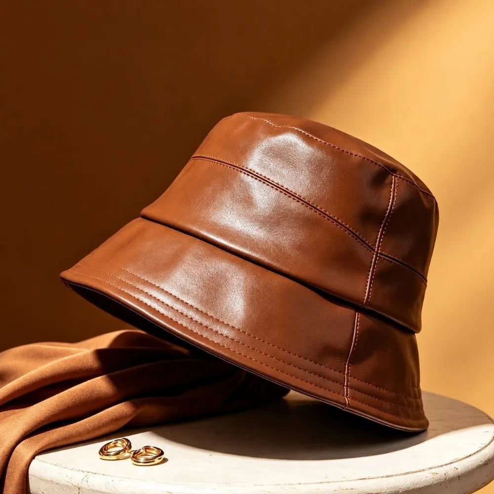 Women's PU Leather Wide Brim Bucket Hat – Packable Sun Hat Bucket Hat PLUSH