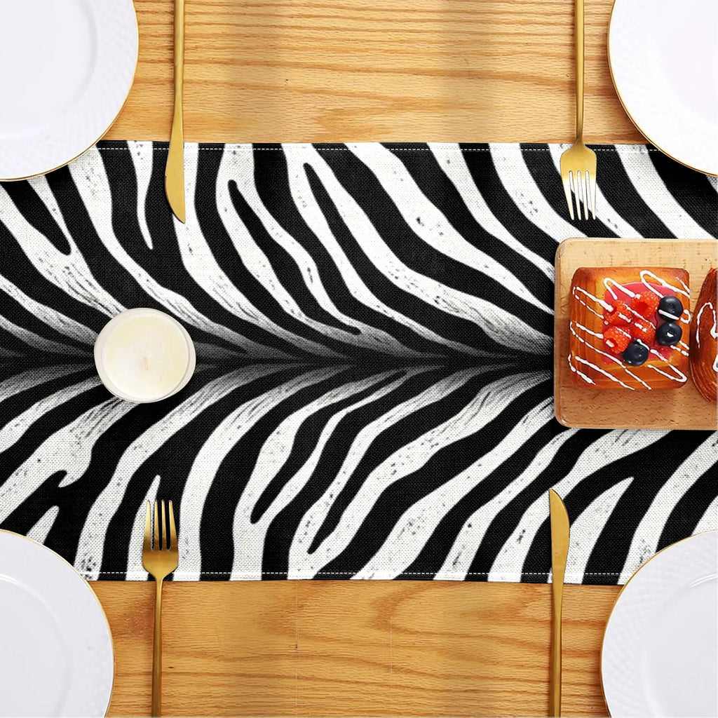 Zebra Print Table Runner – Black & White Animal Theme Décor Table Runner PLUSH