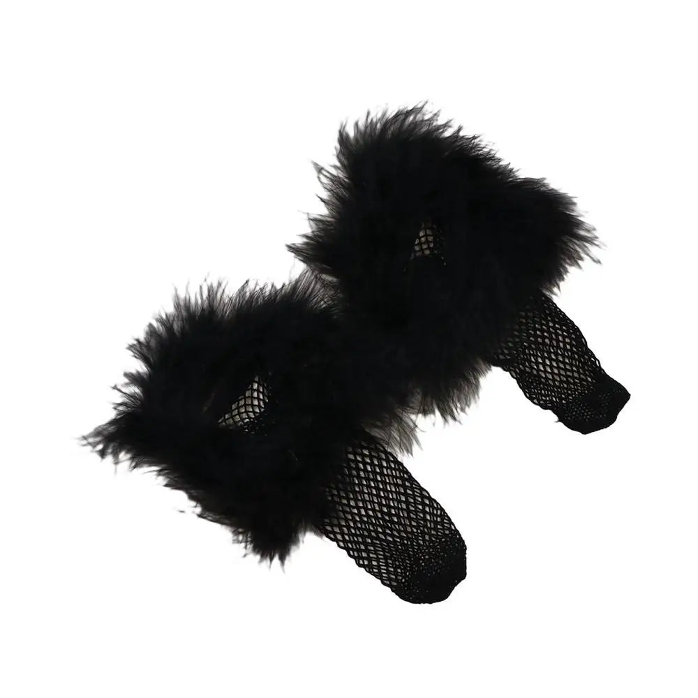 Y2K Feather Fishnet Stockings – Furry Ruffle Mid Tube Socks Fishnet Costume Socks PLUSH