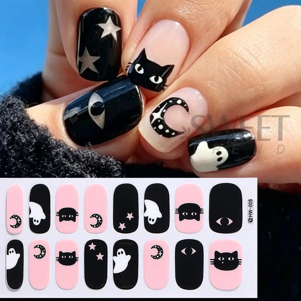 Halloween Gel Nail Strips | Black Cat Ghost Pumpkin Bat – 6pc Gel Nail Strips PLUSH