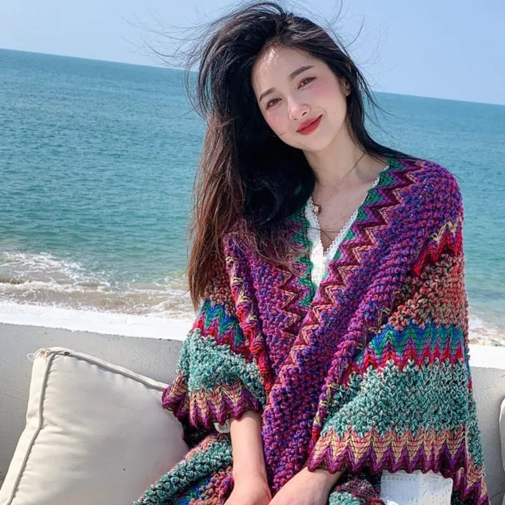 Women's Bohemian Knit Tassel Poncho Shawl – Ethnic Cape Wrap Knit Poncho Cape PLUSH