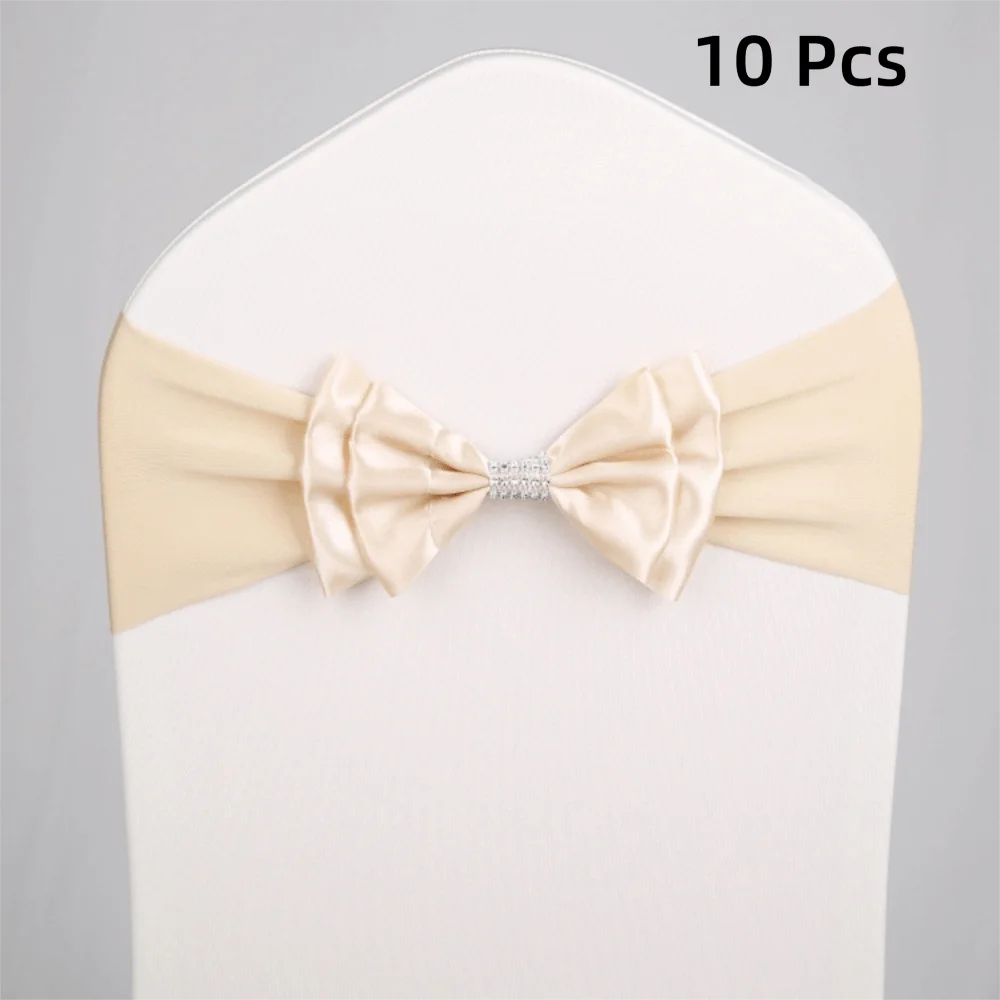 10pcs Satin Bow Chair Sashes – Elastic Spandex, No-Tie Chair Sash Bows PLUSH Beige