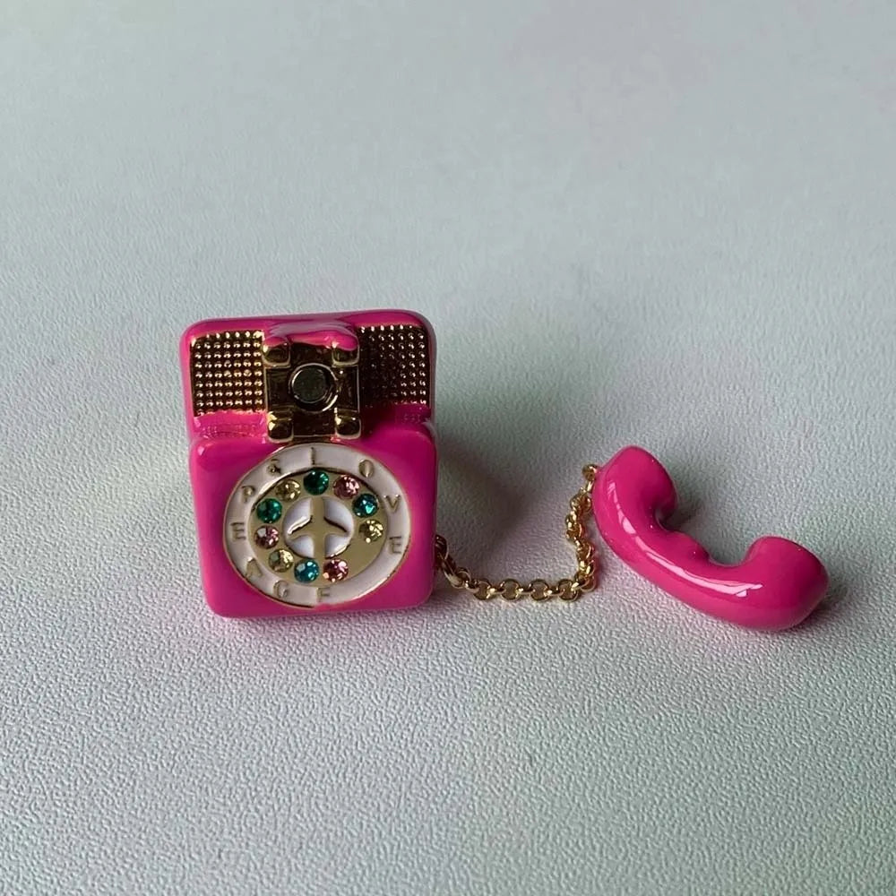 Vintage Enamel Telephone Ring | Magnetic Open Split Alloy Ring Enamel Fashion Ring PLUSH Rose Red