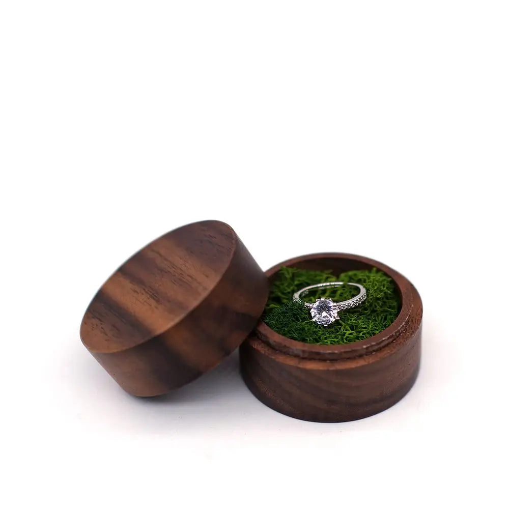 Round Walnut Wood Ring Box – Engagement & Jewelry Gift Case Jewelry Gift Box PLUSH