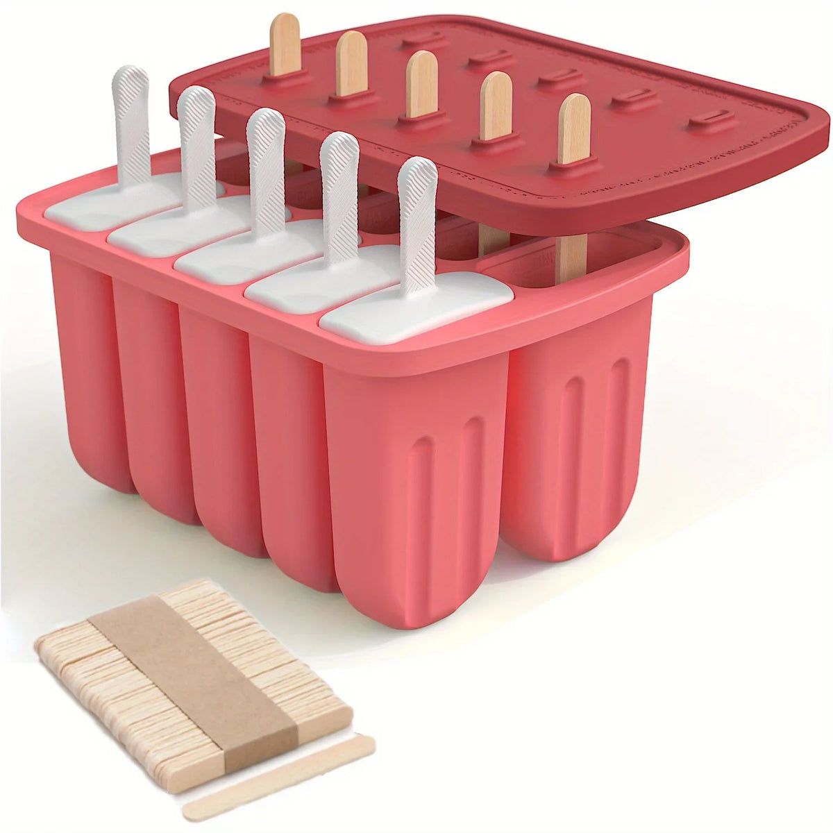 Silicone Popsicle Molds 10-Cavity Ice Pop Maker + 50 Sticks Ice Pop Mold PLUSH Red