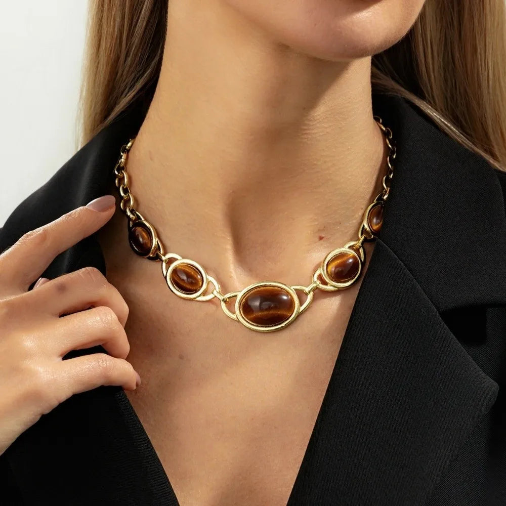 Vintage Tiger Eye Oval Pendant Choker Necklace – Minimalist Pendant Choker Necklace PLUSH Style B