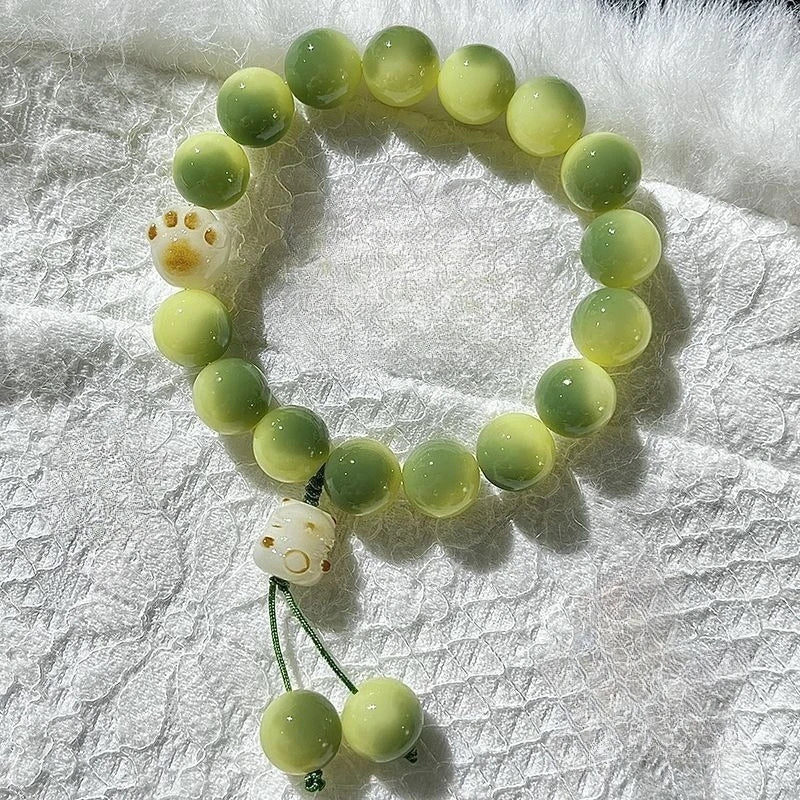 Lucky Cat Bodhi Bead Bracelet – Y2K Unisex Fortune Jewelry Beaded Strand Bracelet PLUSH green