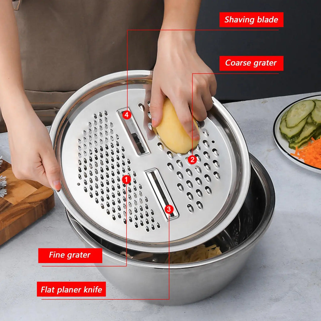 Stainless Steel 3-in-1 Mixing Bowl Set with Grater & Drain Basket Mixing Bowl Set PLUSH