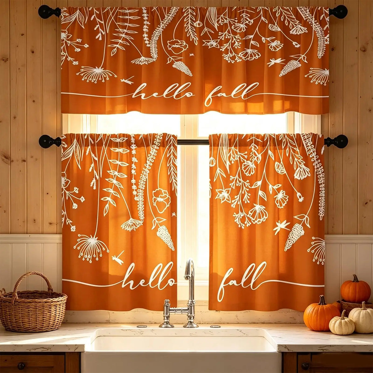 3-Piece Autumn Leaves Kitchen Curtain Set | Fall Window Decor Kitchen Curtain Set PLUSH
