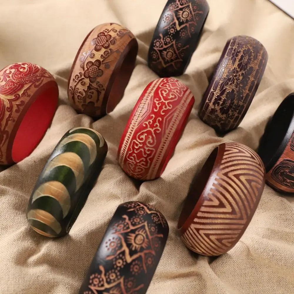 Retro Carved Wooden Bangle – Wide Colorful Ethnic Bracelet Wooden Bangle Bracelet PLUSH