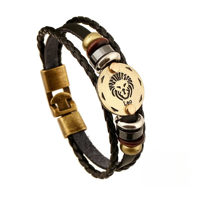 Retro Zodiac Constellation Leather Charm Bracelet – 12 Signs Leather Charm Bracelet PLUSH Leo