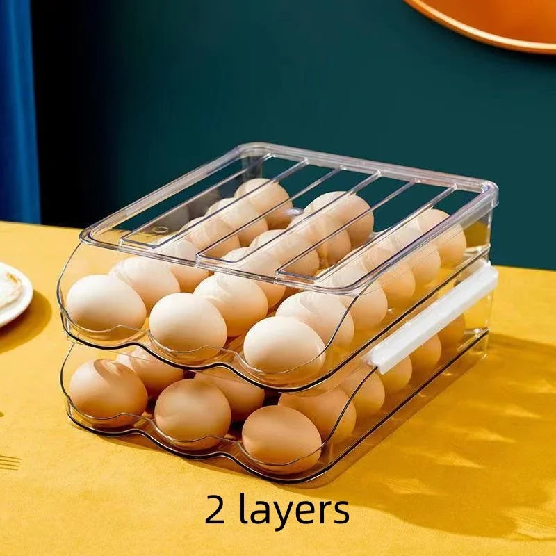 Automatic Slide Egg Organizer – 54-Egg Fridge Storage Box Egg Storage Organizer PLUSH Transparent 2 layers