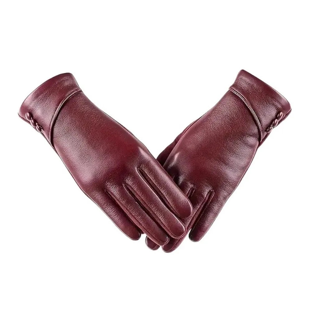 Women's PU Leather Touch Screen Gloves – Warm Cycling Mittens Leather Winter Gloves PLUSH Wine Red
