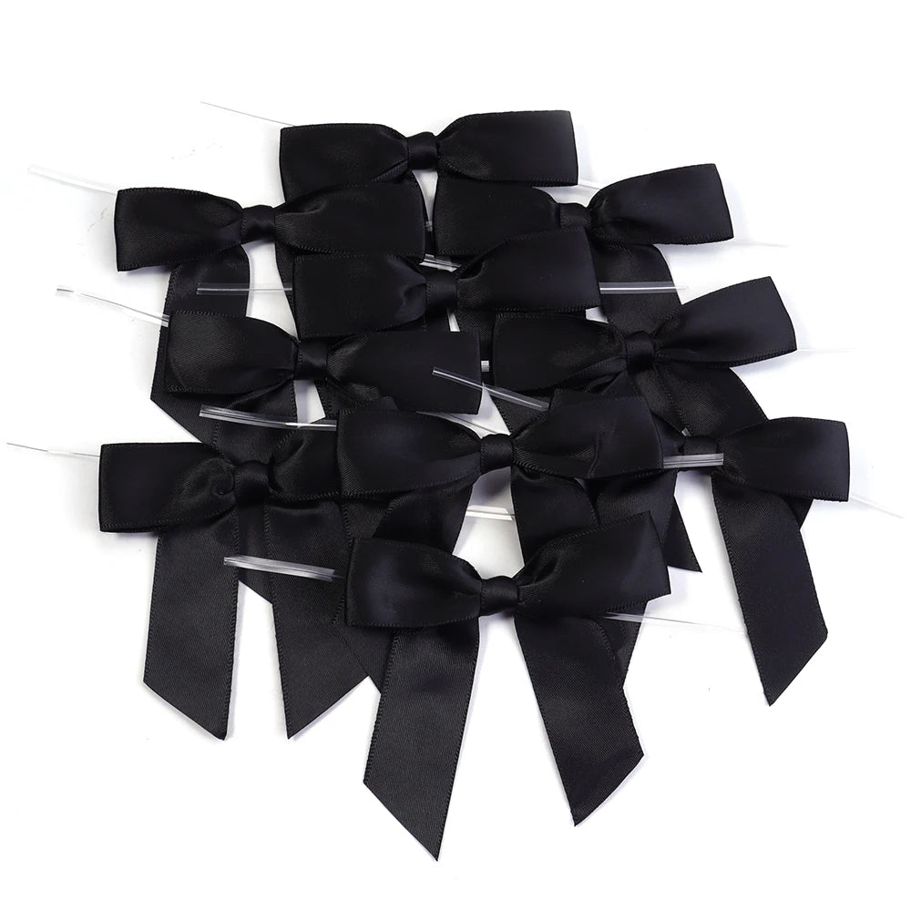 10pcs Satin Twist Tie Bows – Multicolor Gift & Candy Bag Ribbon Satin Ribbon Bows PLUSH black 9x9cm
