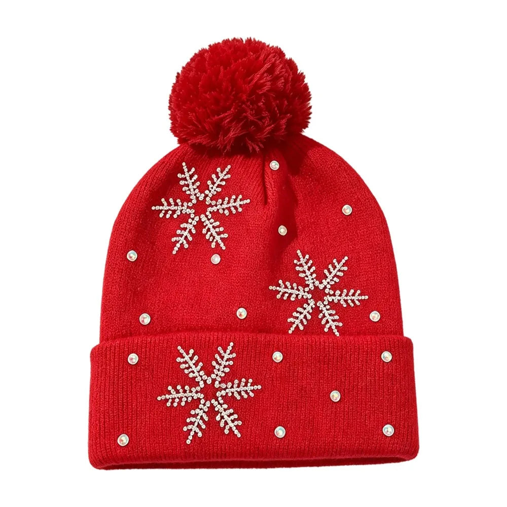 Women's Rhinestone Snowflake Knit Beanie – Warm Winter Hat Winter Knit Beanie PLUSH Red