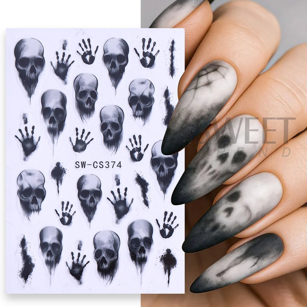 3D Halloween Nail Decals – Skull & Gothic Vine Stickers 2pcs Nail Art Decals PLUSH