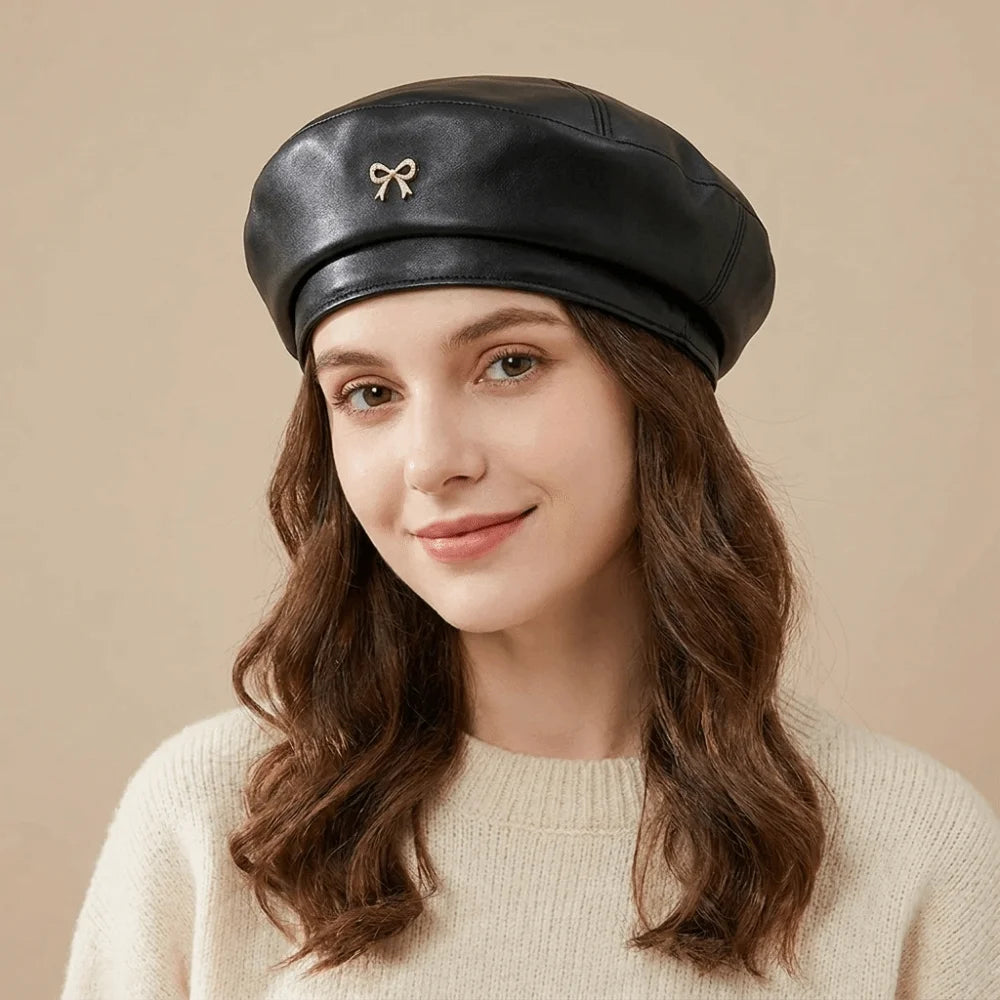 Women's PU Leather Bow Beret | British Newsboy Cap All Seasons Women's Beret Hat PLUSH