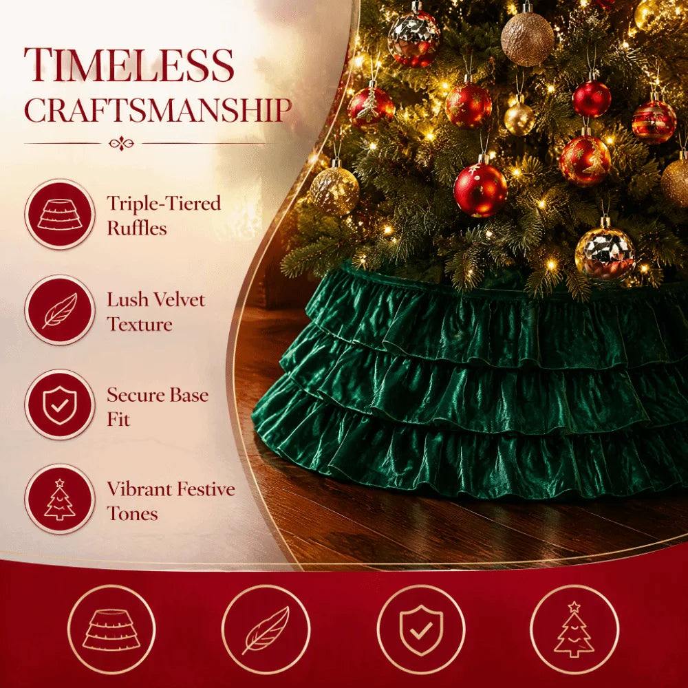 Round Velvet Christmas Tree Skirt – Vintage Pleated Xmas Collar Christmas Tree Skirt PLUSH