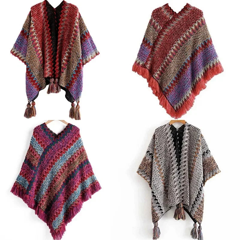 Women's Colorful Knit Poncho Cape Tassel Ethnic Shawl Cardigan Knit Poncho Cape PLUSH