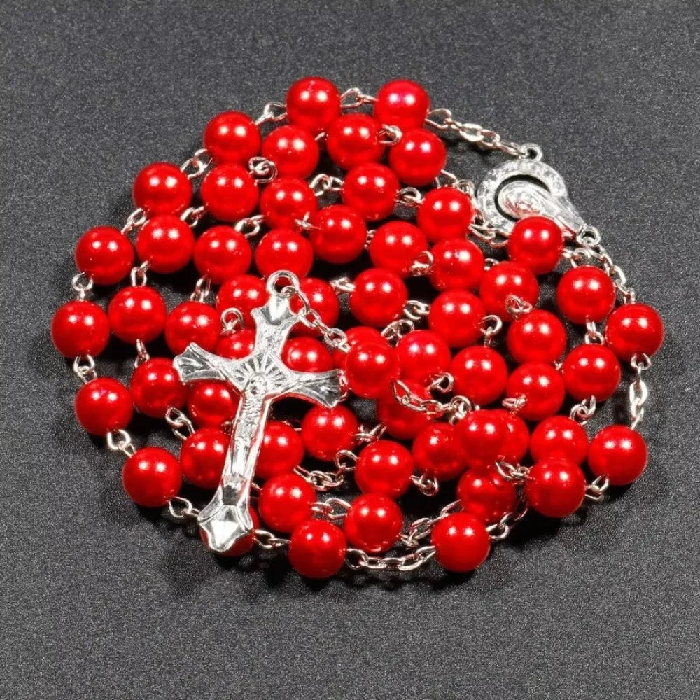 Vintage Cross Pendant Necklace | Faux Pearl Glass Bead Rosary Pendant Necklace PLUSH