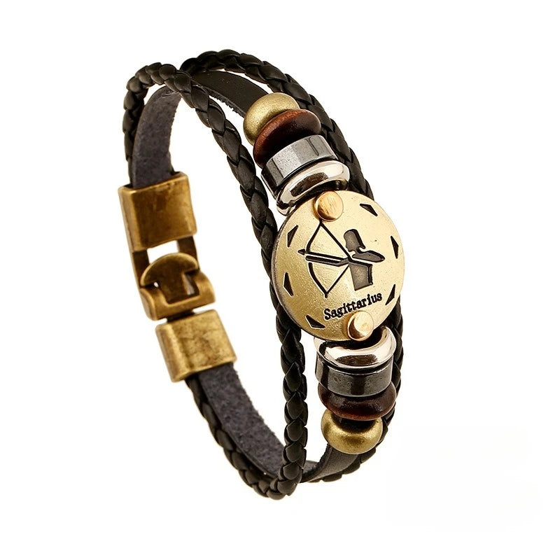 Retro Zodiac Constellation Leather Charm Bracelet – 12 Signs Leather Charm Bracelet PLUSH Sagittarius