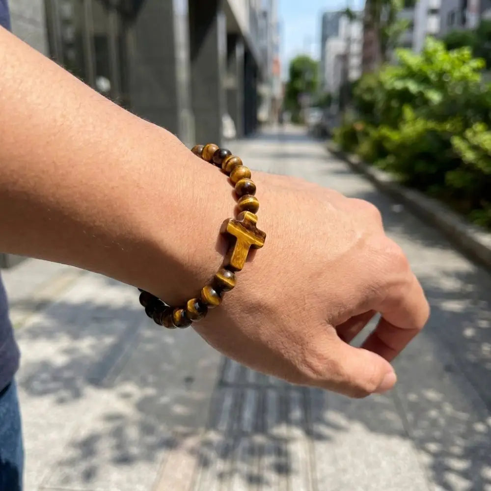 Vintage Tiger's Eye Cross Bracelet – Unisex Spiritual Jewelry Beaded Charm Bracelet PLUSH