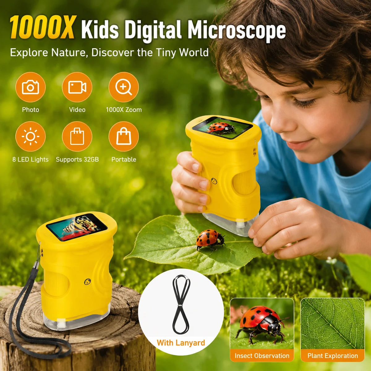 1000X Digital Pocket Microscope for Kids – 4K 2" Screen Kids Digital Microscope PLUSH