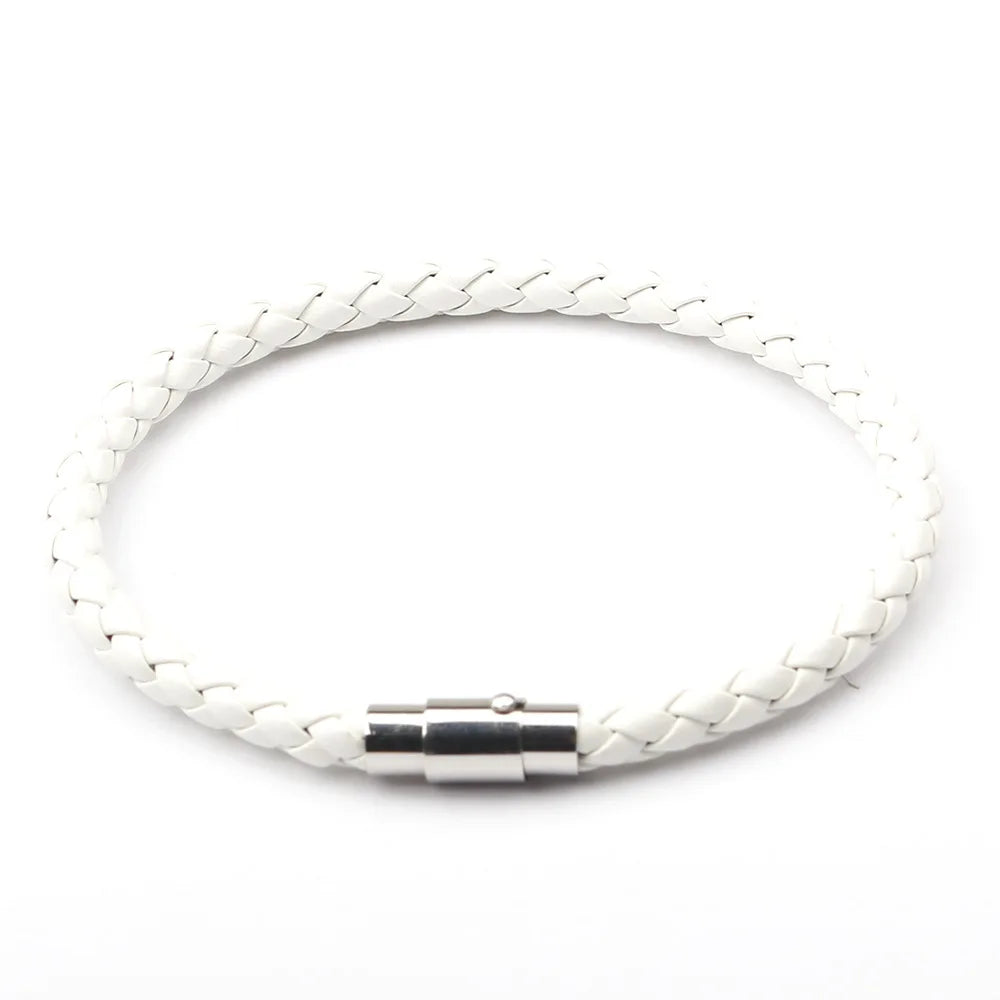Braided Leather Bracelet Unisex Magnetic Clasp – Multi Colors Leather Cord Bracelet PLUSH White