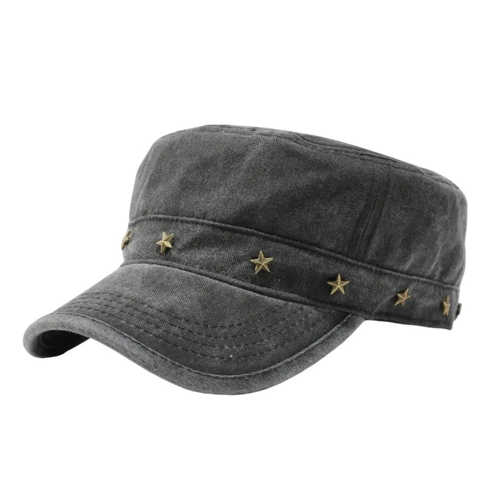 Washed Denim Flat Top Duckbill Cap – Retro Metal Rivet Hat Flat Top Cap PLUSH Black
