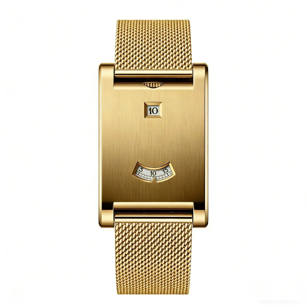 Retro Square Quartz Watch | Steel Band, Water Resistant, Unisex Square Quartz Watch PLUSH Gold- Wire Mesh