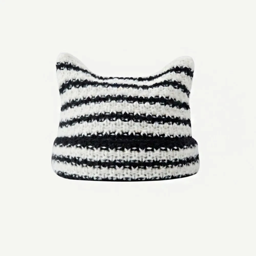 Y2K Cat Ears Beanie Hat – Striped Knit Crochet Pullover Knit Beanie Hat PLUSH Style 1