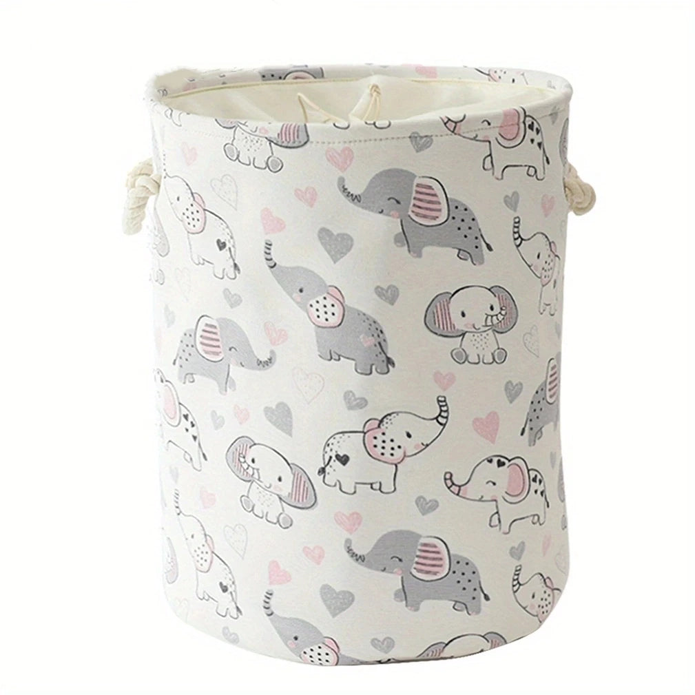 Large Fabric Laundry Basket – Cute Animal Drawstring Hamper Fabric Laundry Hamper PLUSH Pink Elephants 43x34cm
