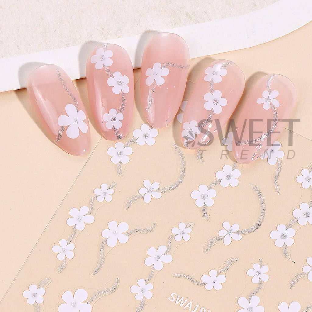 3D Floral Nail Glitter Stickers – Black White Gold Silver Decals Nail Art Stickers PLUSH