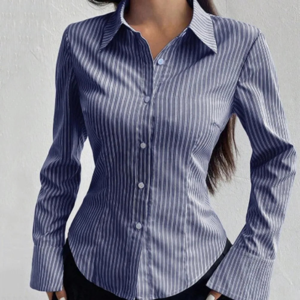 Women's Classic Striped Long Sleeve Blouse – Retro Chic Top Women's Blouse PLUSH Dark Blue S