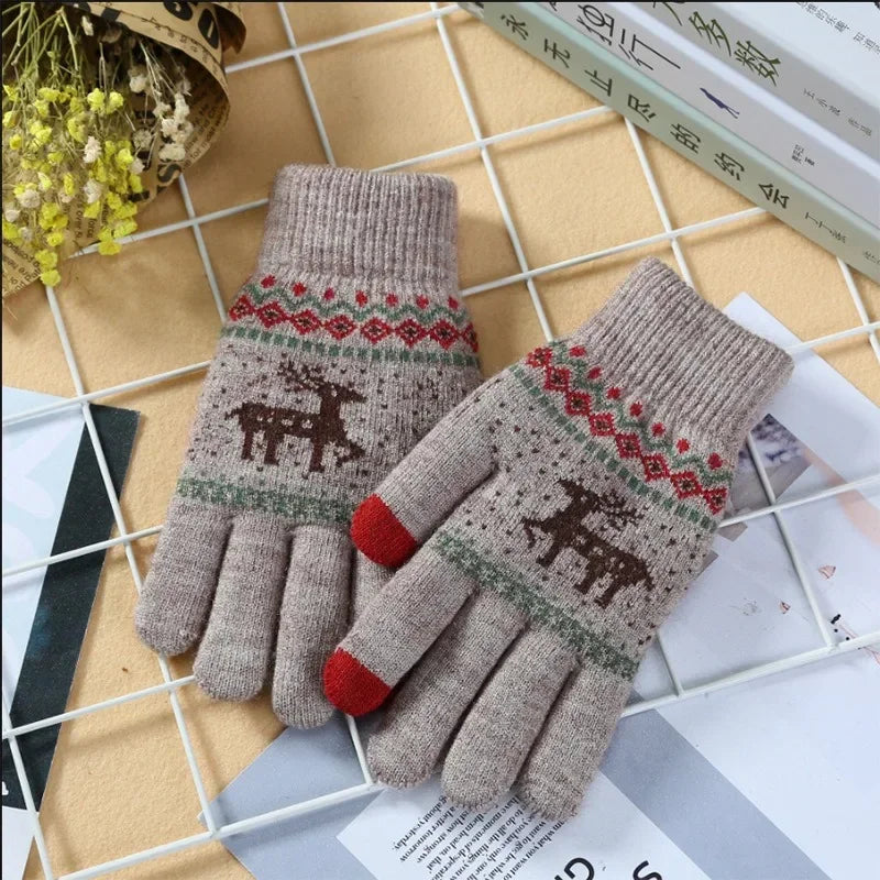 Winter Knitted Cashmere Gloves – Christmas Deer Touch Screen Winter Knitted Gloves PLUSH brown 5pairs