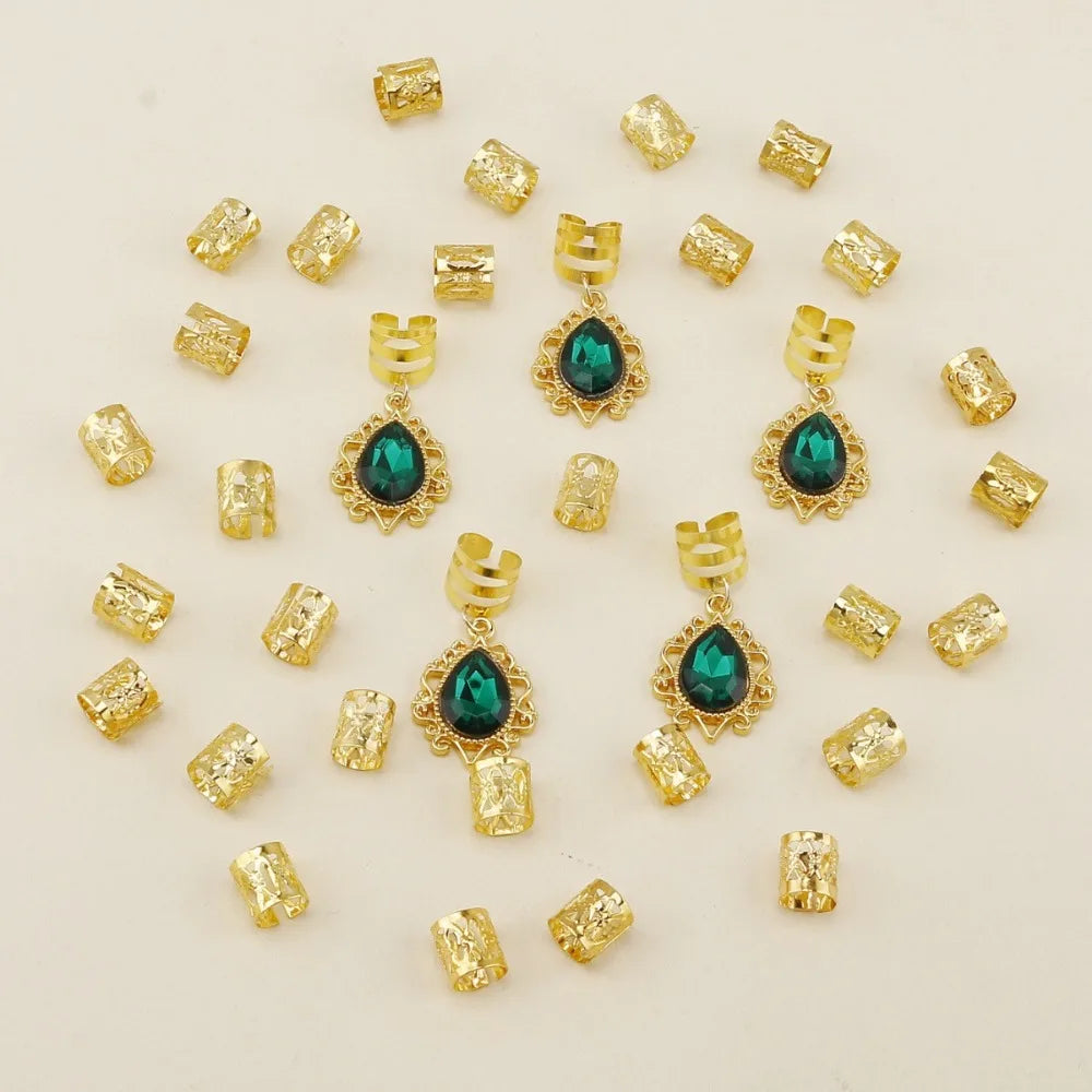 35pcs Emerald Rhinestone Teardrop Dreadlock Beads Filigree Alloy Hair Dreadlock Beads PLUSH