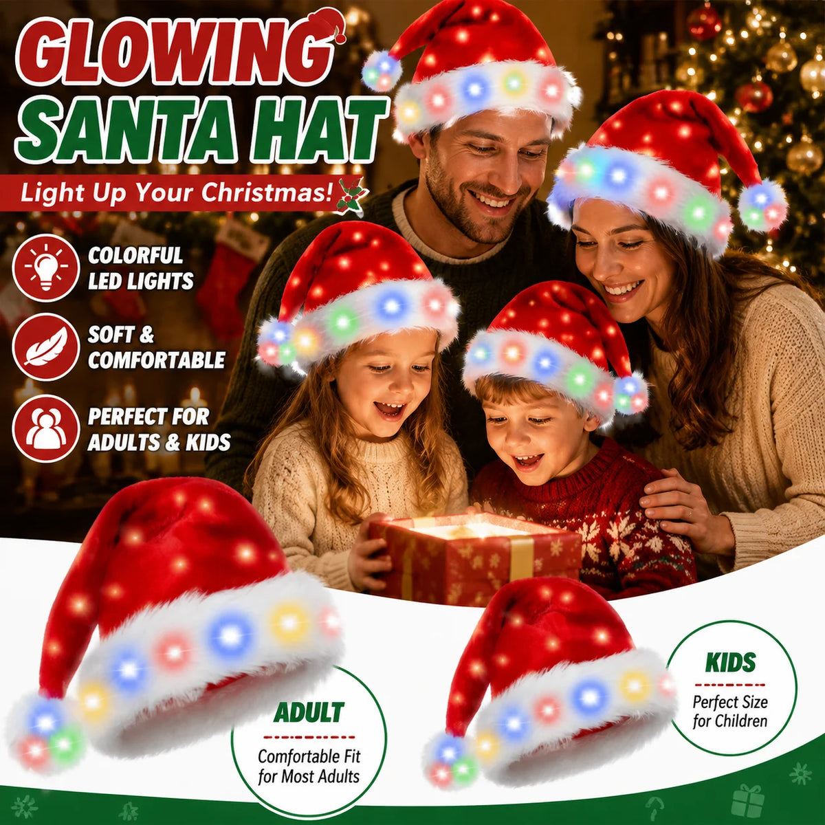 LED Light-Up Santa Hat – Plush Christmas Cap Adults & Kids LED Christmas Hat PLUSH