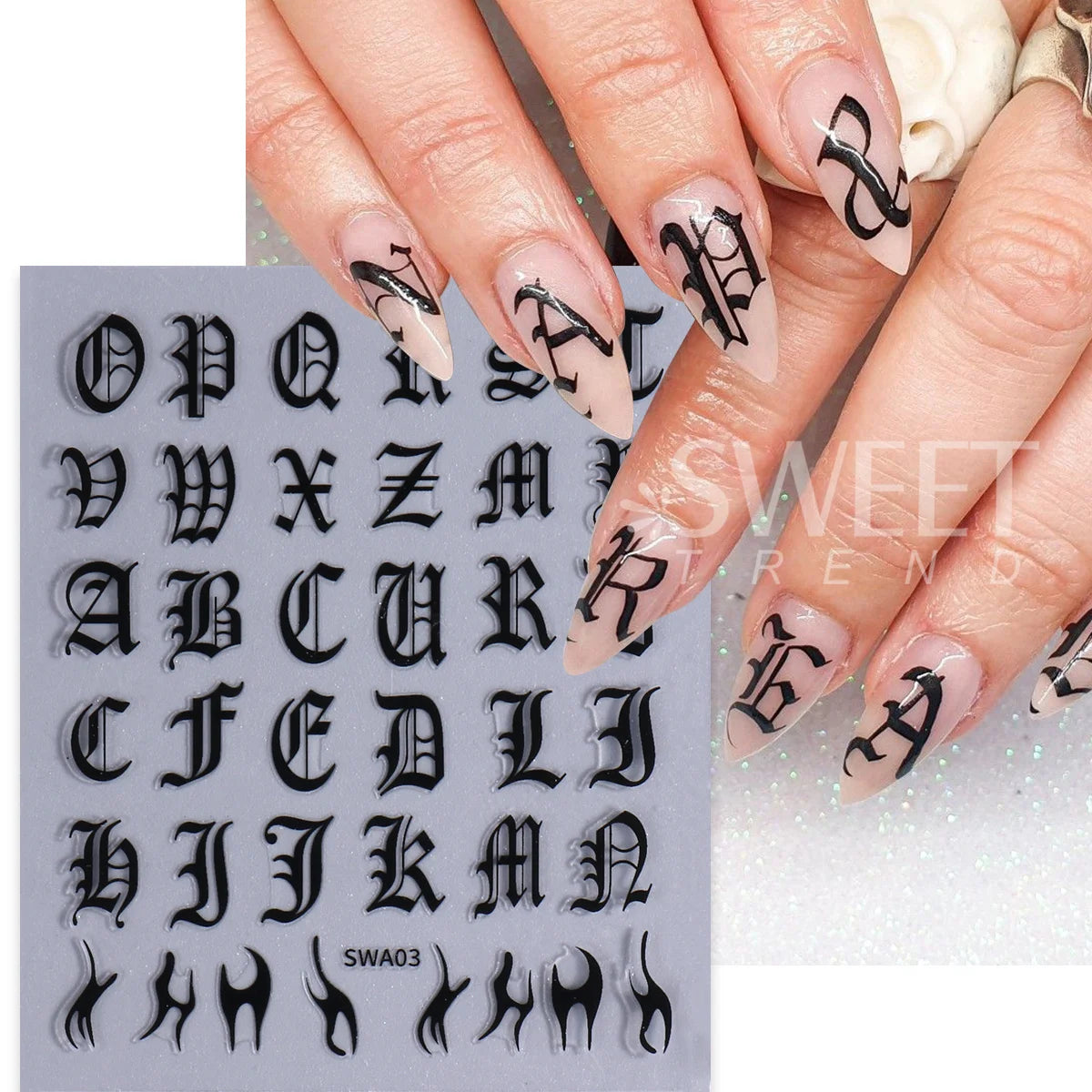 6pcs Gothic Letter Nail Decals – 3D Y2K Roman Alphabet Stickers Nail Art Stickers PLUSH