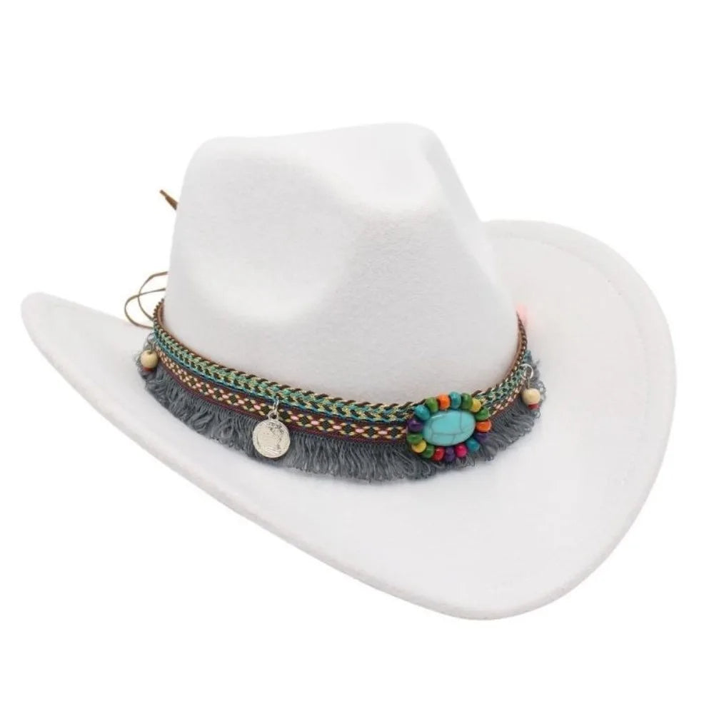 Wide Brim Western Cowboy Hat with Tassels – Unisex Cosplay Western Cowboy Hat PLUSH White