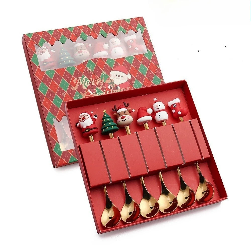 Christmas Santa Cartoon Spoon & Fork Tableware Gift Box Set Holiday Tableware Set PLUSH