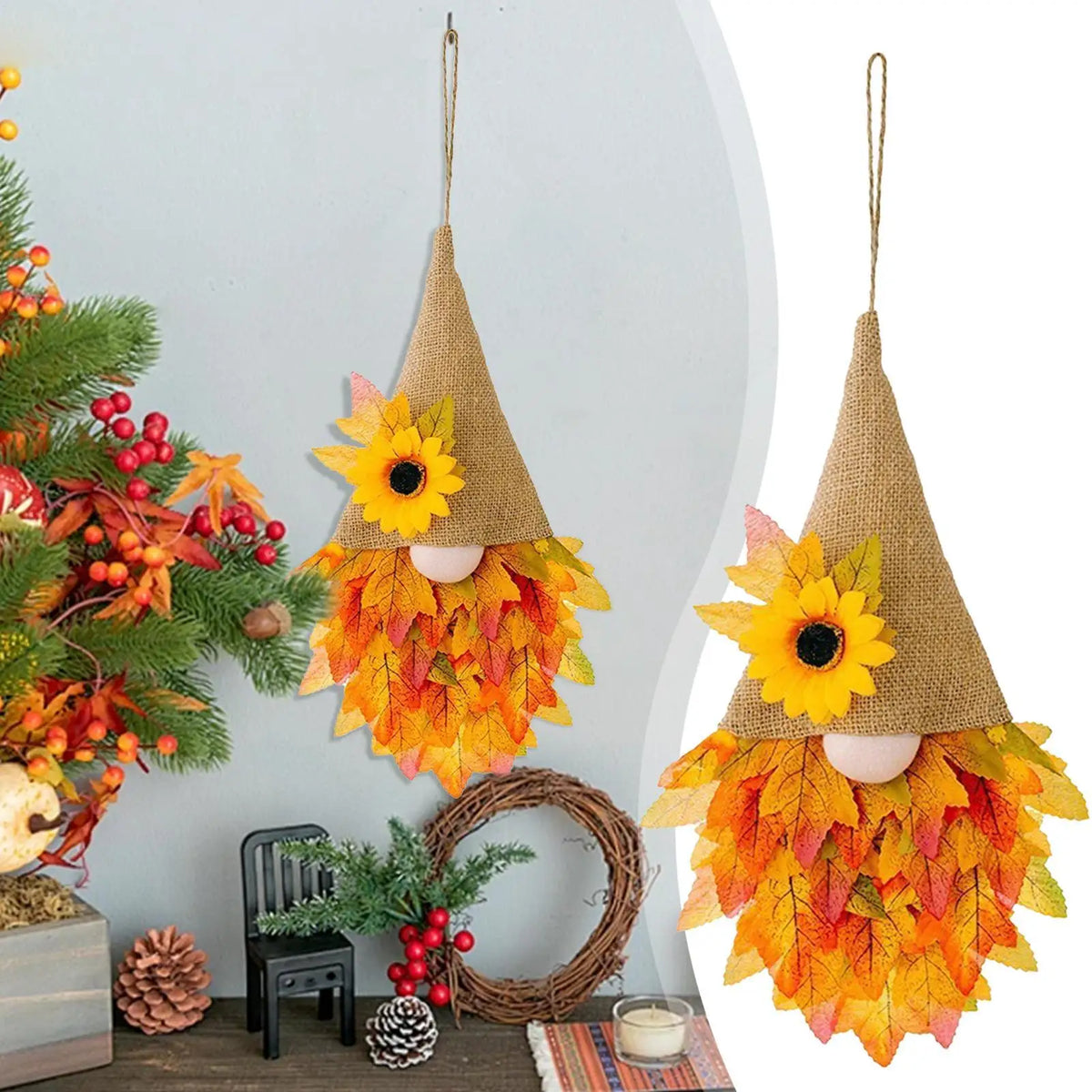 Fall Gnome Wreath – Artificial Autumn Door & Wall Decoration Seasonal Wreath Decor PLUSH