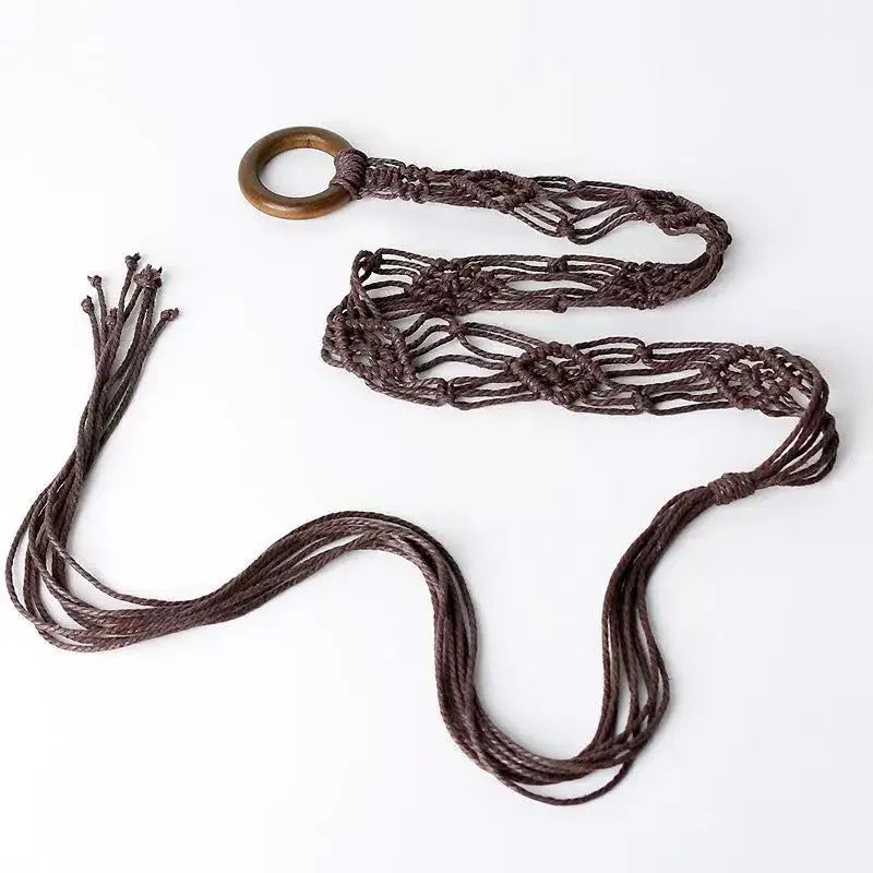 Women's Woven Tassel Waist Belt – Korean Knotted Cotton Rope Woven Waist Belt PLUSH brown