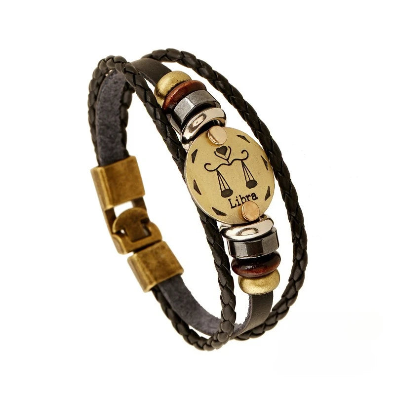 Retro Zodiac Constellation Leather Charm Bracelet – 12 Signs Leather Charm Bracelet PLUSH Libra